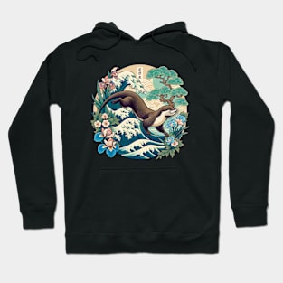 Aquatic Animal Vintage Ocean Wave Art Floral Japanese Otter Hoodie